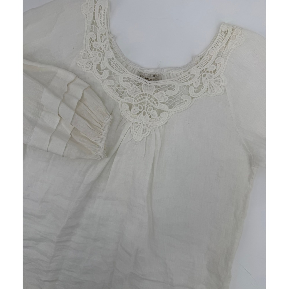 Laura Bianchi White 100% Linen Crochet‎ Lace Peasant Blouse Made in Italy Small